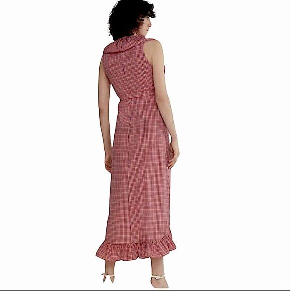 MISA Los Angeles Stella Gingham-Print Draped Ruffle Midi Wrap Dress Pink - Picture 15 of 16